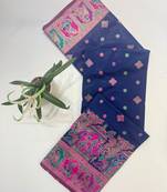 Navy blue color pashmina design with meena weaving banarasi silk saree