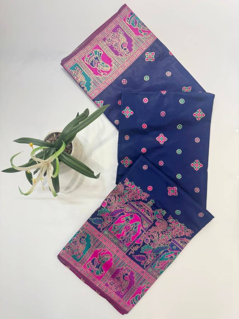 Navy blue color pashmina design with meena weaving banarasi silk saree