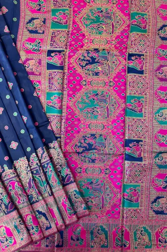 navy blue banarasi silk saree with meena weaving