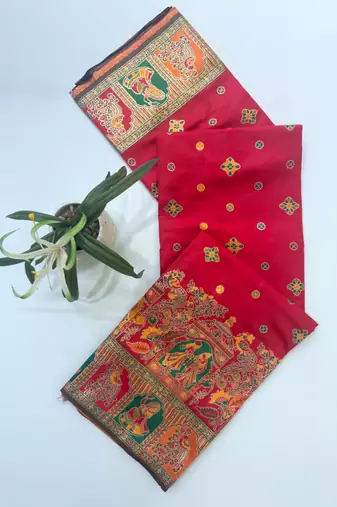 Red color pashmina design with meena weaving banarasi silk saree