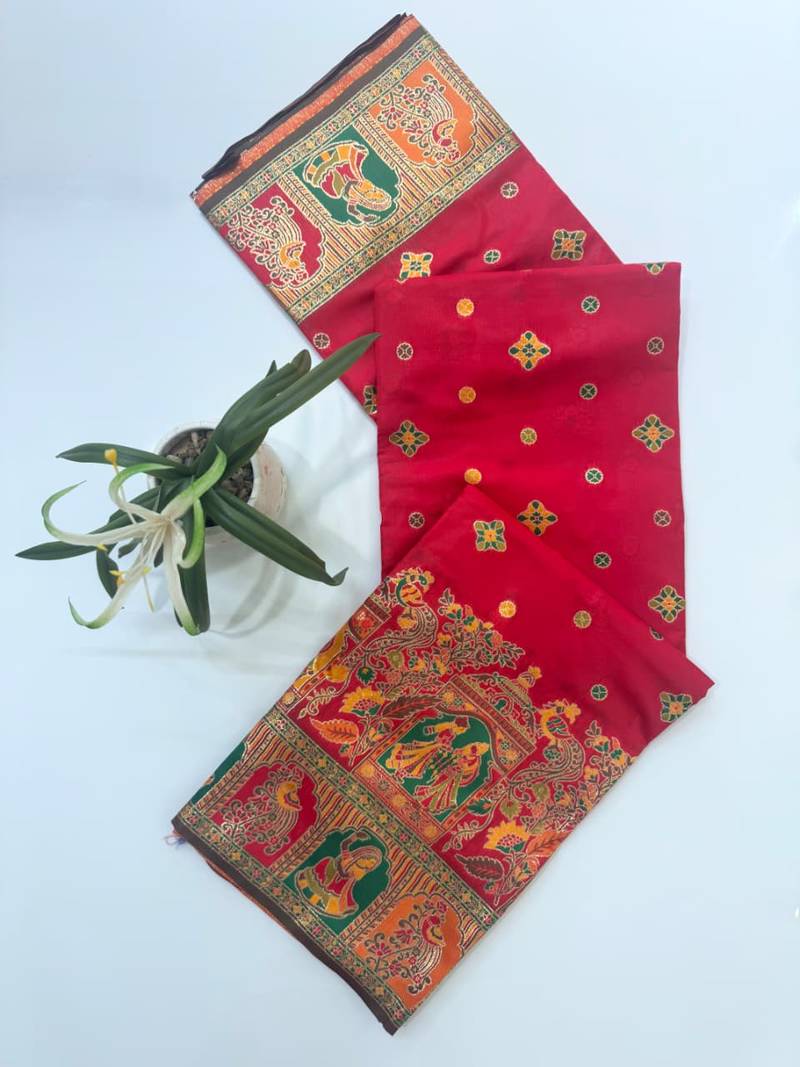 Red color pashmina design with meena weaving banarasi silk saree