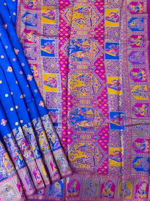 royal blue silk blend saree with meena border
 2