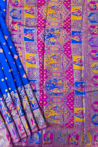 royal blue silk blend saree with meena border