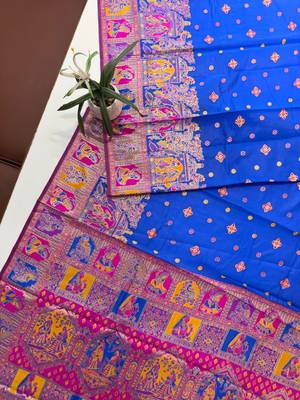 royal blue silk blend saree with meena border
 3