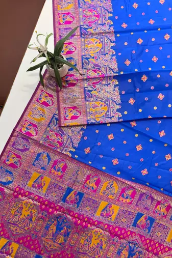 royal blue silk blend saree with meena border