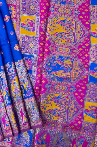 royal blue silk blend saree with meena border