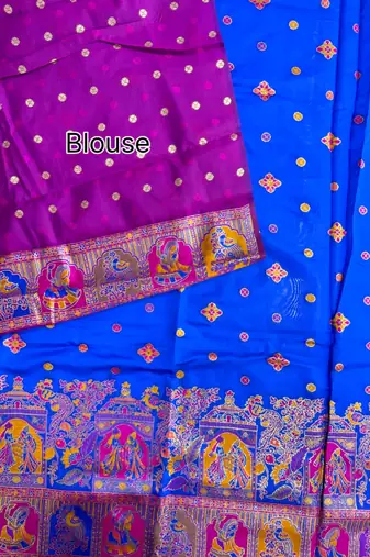royal blue silk blend saree with meena border