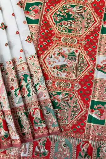 White color pashmina design with meena weaving banarasi silk saree