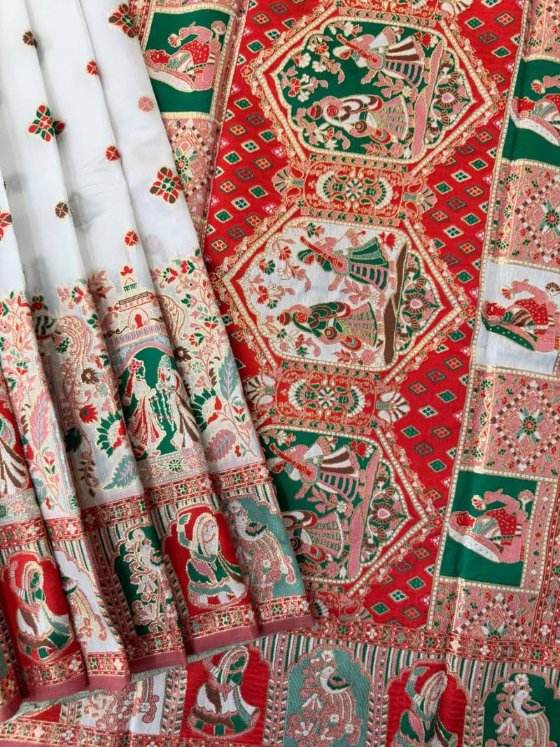 White color pashmina design with meena weaving banarasi silk saree
