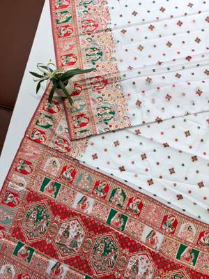 white silk blend saree with meena border weaving 2
