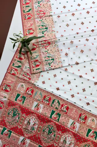 white silk blend saree with meena border weaving