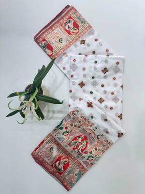 white silk blend saree with meena border weaving 3