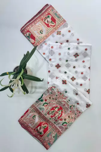 white silk blend saree with meena border weaving