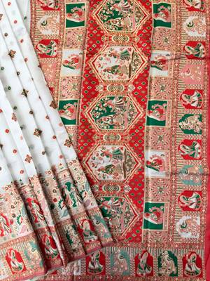 white silk blend saree with meena border weaving 4