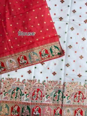 white silk blend saree with meena border weaving 5