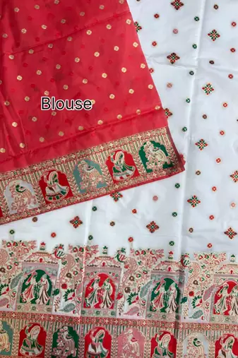 white silk blend saree with meena border weaving