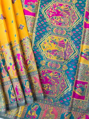 yellow banarasi silk saree with meena weaving design
 2
