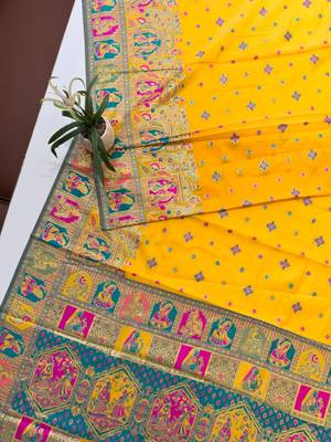 yellow banarasi silk saree with meena weaving design
 3