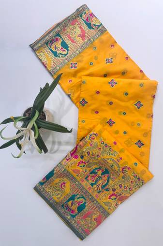 Yellow color pashmina design with meena weaving banarasi silk saree