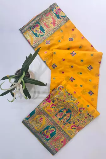 Yellow color pashmina design with meena weaving banarasi silk saree