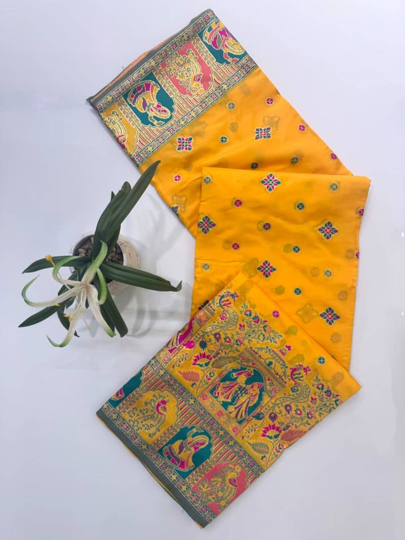 Yellow color pashmina design with meena weaving banarasi silk saree