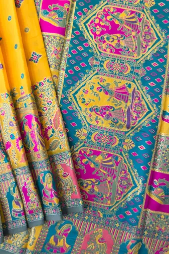 yellow banarasi silk saree with meena weaving design