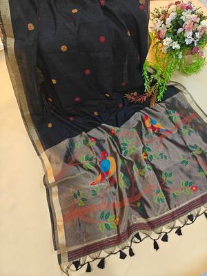 black silk blend saree with meena zari work
 2