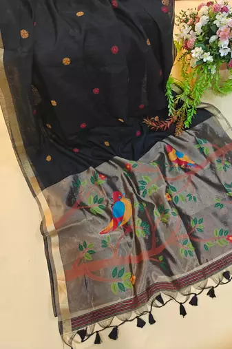 black silk blend saree with meena zari work