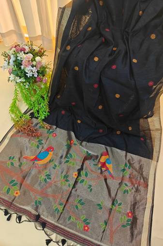 Black color pure zari and meena weaving linen silk saree
