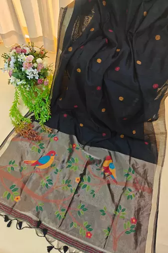 Black color pure zari and meena weaving linen silk saree