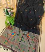 Black color pure zari and meena weaving linen silk saree