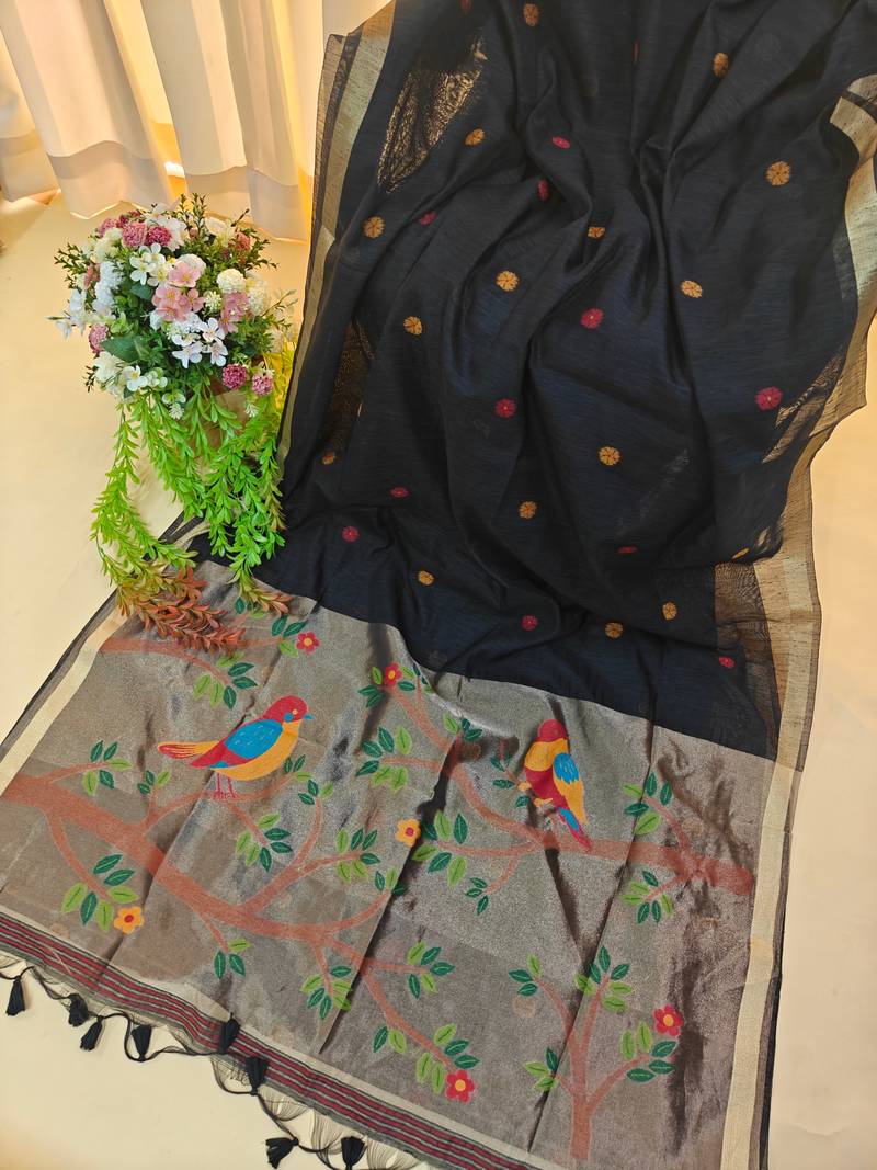 Black color pure zari and meena weaving linen silk saree