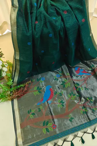 dark green silk blend saree with zari weaving