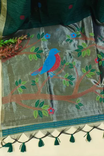 dark green silk blend saree with zari weaving