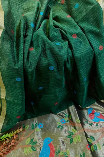 dark green silk blend saree with zari weaving