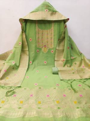 Pista Chanderi Banarasi silk zari woven design dress material 4