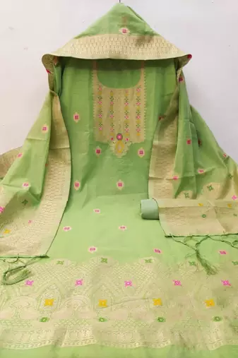 Pista Chanderi Banarasi silk zari woven design dress material