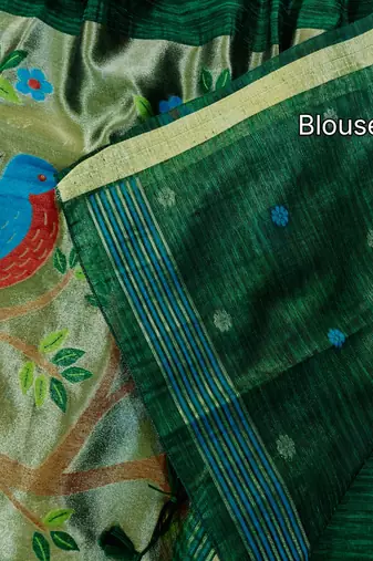 dark green silk blend saree with zari weaving
