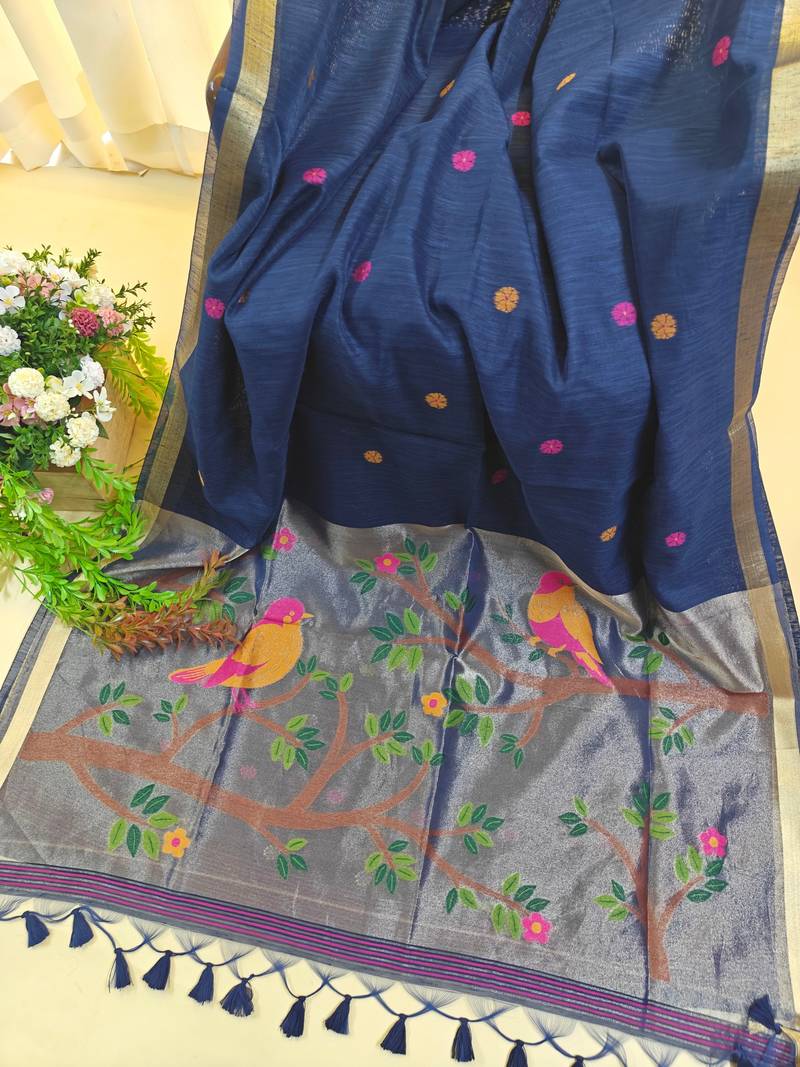 Navy blue color pure zari and meena weaving linen silk saree