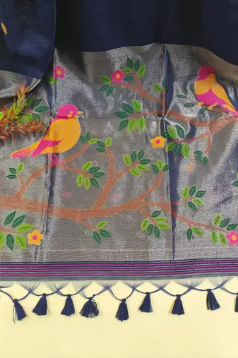 navy blue silk blend saree with zari weaving