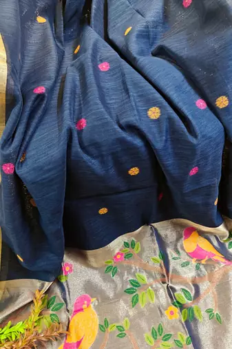 navy blue silk blend saree with zari weaving