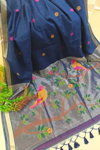 navy blue silk blend saree with zari weaving