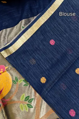 navy blue silk blend saree with zari weaving