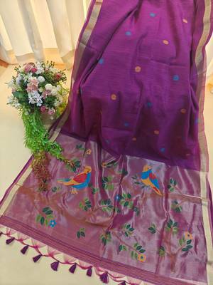 purple linen saree with zari meena weaving
 1