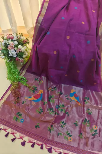 Purple color pure zari and meena weaving linen silk saree