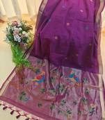 Purple color pure zari and meena weaving linen silk saree