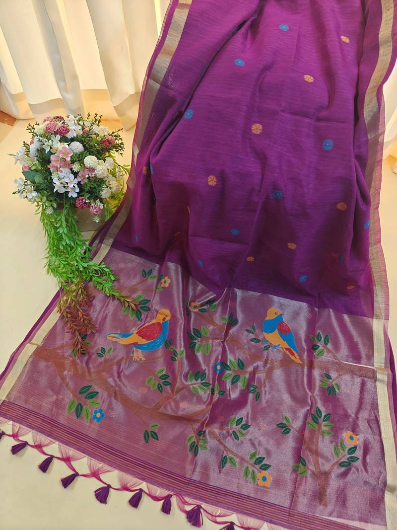 Purple color pure zari and meena weaving linen silk saree