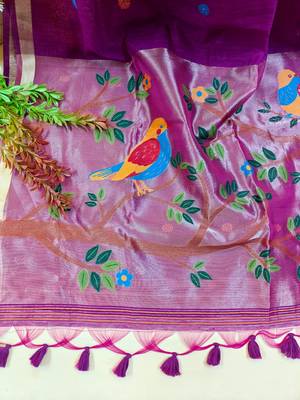 purple linen saree with zari meena weaving
 3