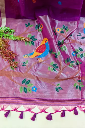 purple linen saree with zari meena weaving