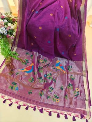 purple linen saree with zari meena weaving
 4